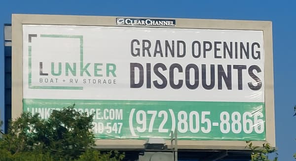 Boat and RV storage grand opening small billboard in Plano, Texas
